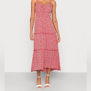 Hollister Red Floral Midi Sundress Tiered Ruffle Spaghetti Strap Size M